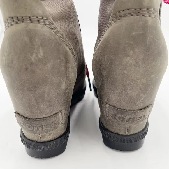 Sorel Lexie Wedge Boots Quarry Grey Fuchsia Pink Lace Up Winter Booties Size 6