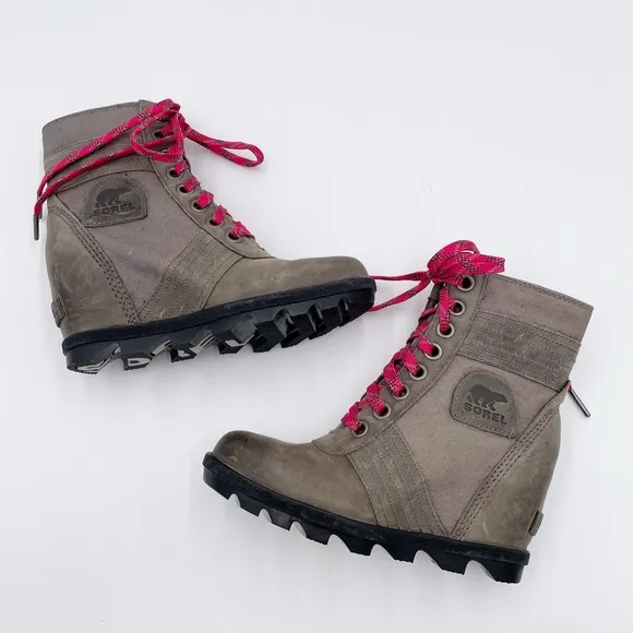Sorel Lexie Wedge Boots Quarry Grey Fuchsia Pink Lace Up Winter Booties Size 6