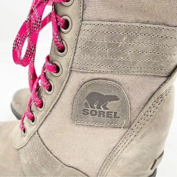 Sorel Lexie Wedge Boots Quarry Grey Fuchsia Pink Lace Up Winter Booties Size 6