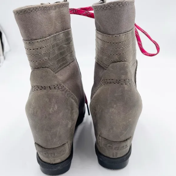 Sorel Lexie Wedge Boots Quarry Grey Fuchsia Pink Lace Up Winter Booties Size 6