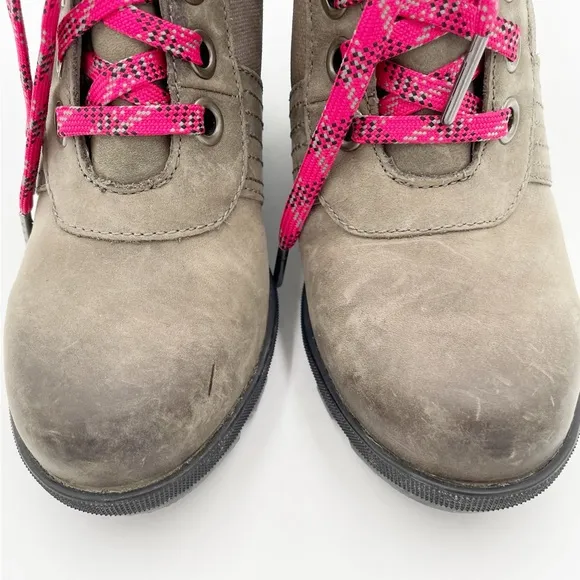 Sorel Lexie Wedge Boots Quarry Grey Fuchsia Pink Lace Up Winter Booties Size 6
