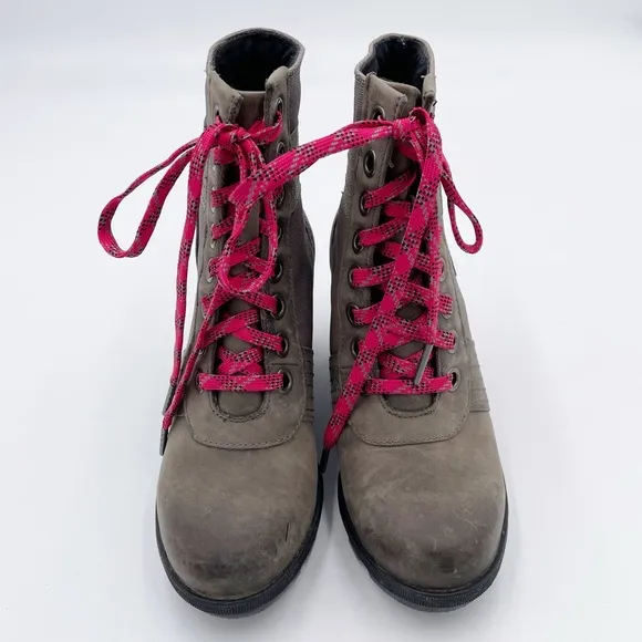 Sorel Lexie Wedge Boots Quarry Grey Fuchsia Pink Lace Up Winter Booties Size 6