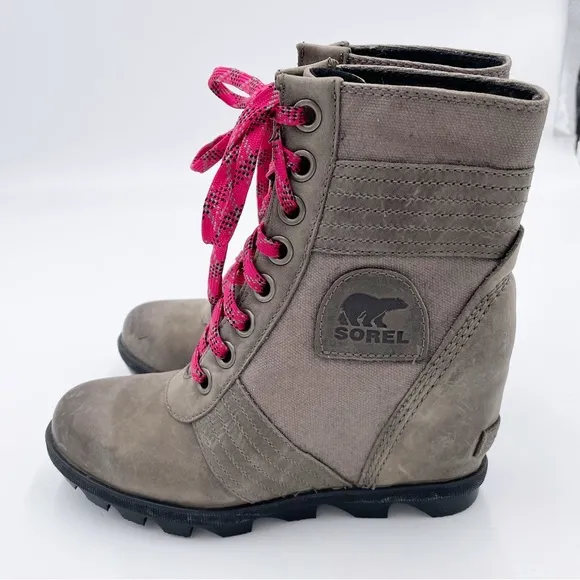 Sorel Lexie Wedge Boots Quarry Grey Fuchsia Pink Lace Up Winter Booties Size 6
