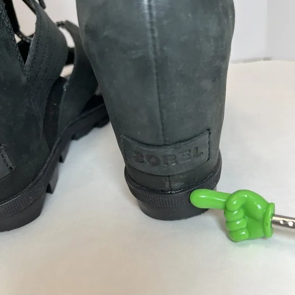 Sorel Sandals Women 7 Joanie II Lace Up Black Leather Gladiator Platform Wedge