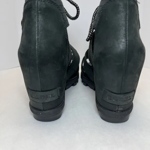 Sorel Sandals Women 7 Joanie II Lace Up Black Leather Gladiator Platform Wedge