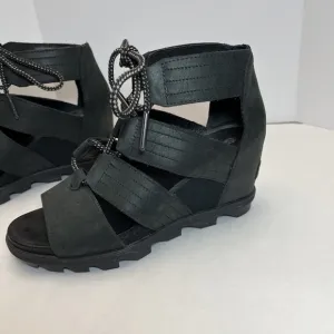 Sorel Sandals Women 7 Joanie II Lace Up Black Leather Gladiator Platform Wedge