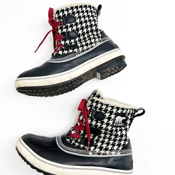 SOREL Tivoli Black White Houndstooth Waterproof Winter Boots Size 7