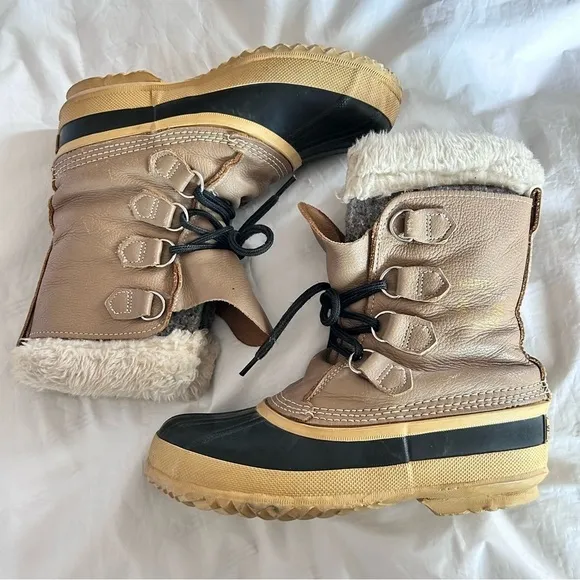 SOREL Vintage Womens Manitou Leather Wool Lined Faux Fur Winter Duck Boots 8