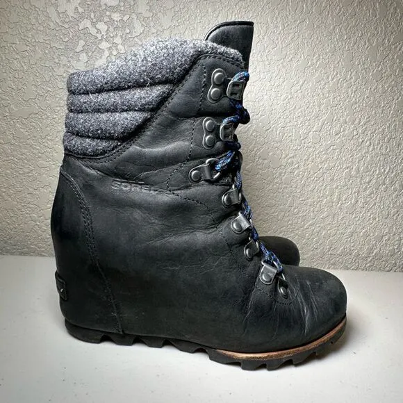 Sorel Womens 7 Conquest Boots Black Wool Hidden Wedge Ankle High Heel Lace Up