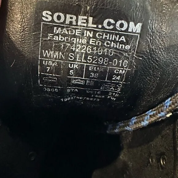 Sorel Womens 7 Conquest Boots Black Wool Hidden Wedge Ankle High Heel Lace Up