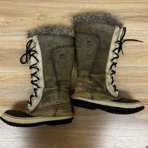 Sorel Women’s Cate The Great Brown Gray Leather Faux Fur Winter Boots Size 6
