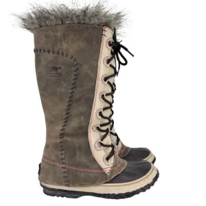 Sorel Women’s Cate The Great Brown Gray Leather Faux Fur Winter Boots Size 6