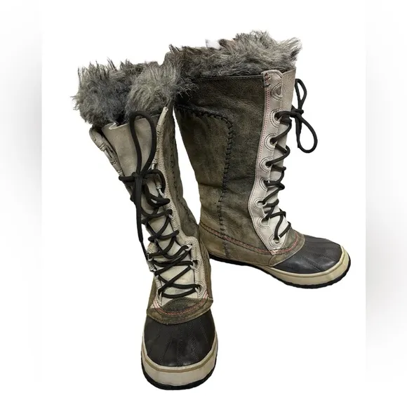 Sorel Women’s Cate The Great Brown Gray Leather Faux Fur Winter Boots Size 6