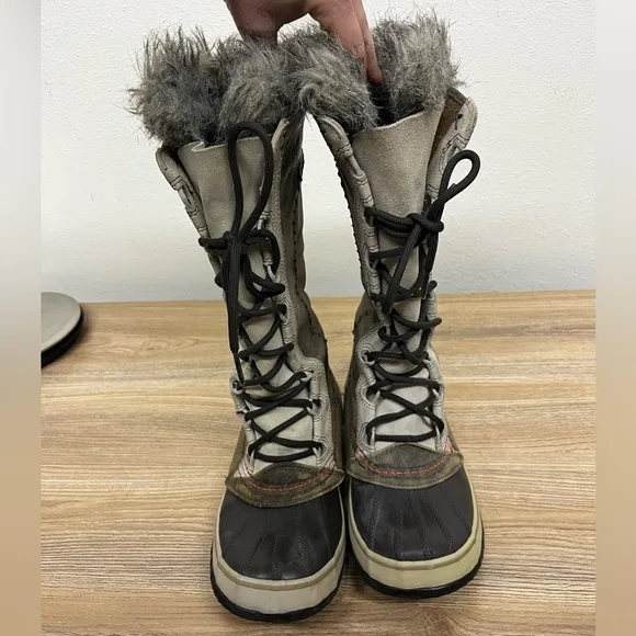Sorel Women’s Cate The Great Brown Gray Leather Faux Fur Winter Boots Size 6