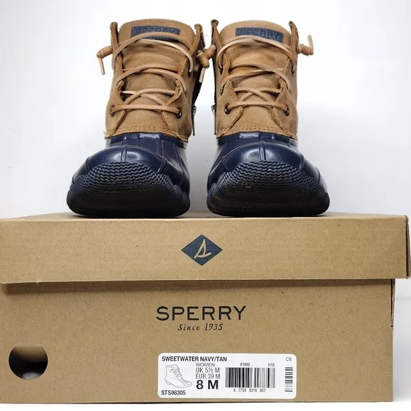 Sperry Sweetwater Navy Tan Lace Up Waterproof Rubber Winter Boots