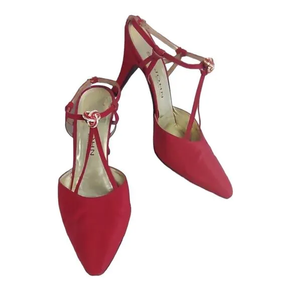 ST. JOHN Red Strappy Heels Size 9 Sexy High Heels Holidays Formal Embellished