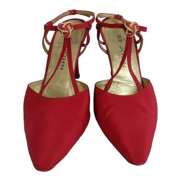 ST. JOHN Red Strappy Heels Size 9 Sexy High Heels Holidays Formal Embellished