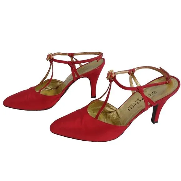 ST. JOHN Red Strappy Heels Size 9 Sexy High Heels Holidays Formal Embellished