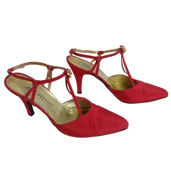ST. JOHN Red Strappy Heels Size 9 Sexy High Heels Holidays Formal Embellished