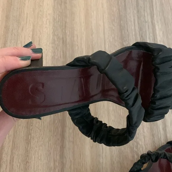STAUD Frankie Ruched Strappy Sandal Chunky Heel Women's Leather Black EU 36.5