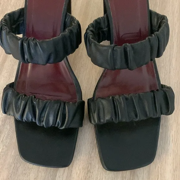 STAUD Frankie Ruched Strappy Sandal Chunky Heel Women's Leather Black EU 36.5