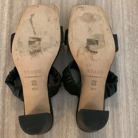 STAUD Frankie Ruched Strappy Sandal Chunky Heel Women's Leather Black EU 36.5