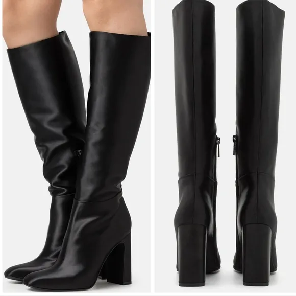 Steve Madden AMBROSE  Knee High Heeled Boots Size 9M | Black Satin Boots