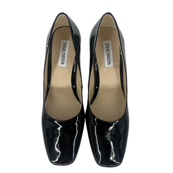 Steve Madden Black Patent Synthetic Leather Square Toe Block Heel Shoe 8.5M