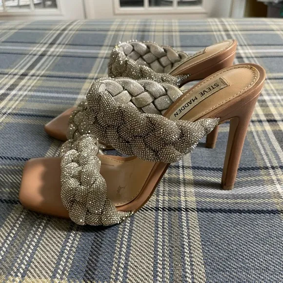 STEVE MADDEN Kenley-R Silver Rhinestone Braided High Heel Sandals Worn 1x
