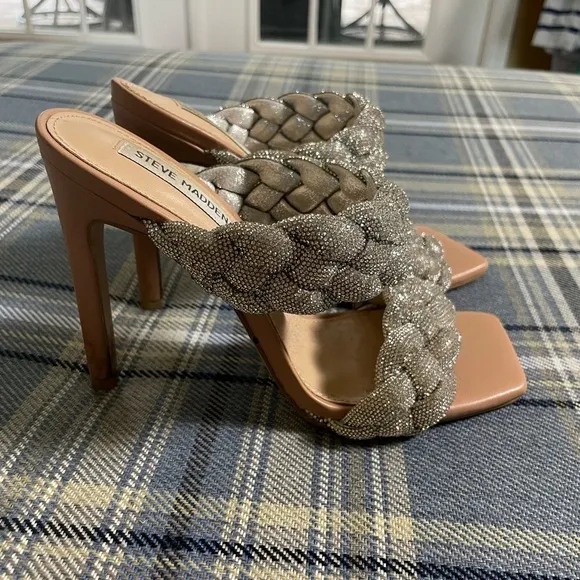 STEVE MADDEN Kenley-R Silver Rhinestone Braided High Heel Sandals Worn 1x