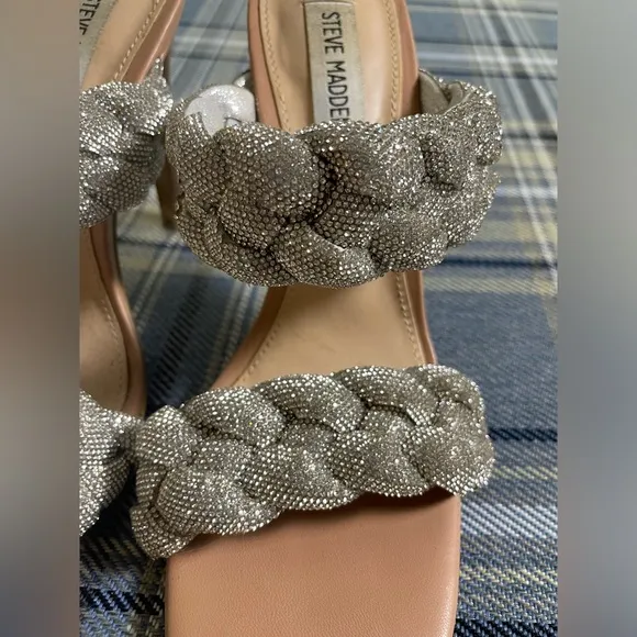 STEVE MADDEN Kenley-R Silver Rhinestone Braided High Heel Sandals Worn 1x