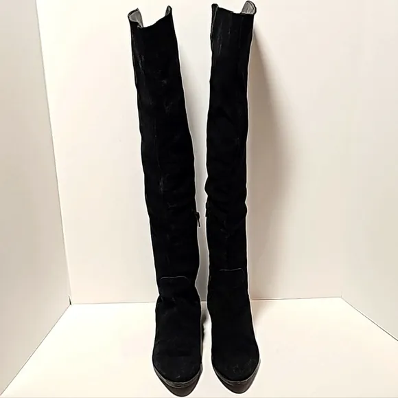 Steve Madden Purly Boots Over Knee Suede Block Stacked Heel Side Zipper Black 7