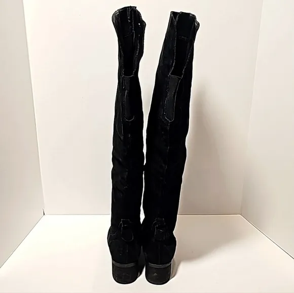 Steve Madden Purly Boots Over Knee Suede Block Stacked Heel Side Zipper Black 7