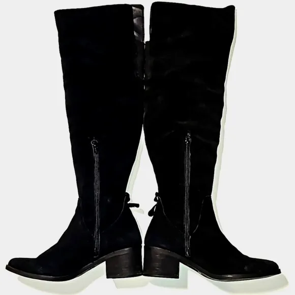 Steve Madden Purly Boots Over Knee Suede Block Stacked Heel Side Zipper Black 7