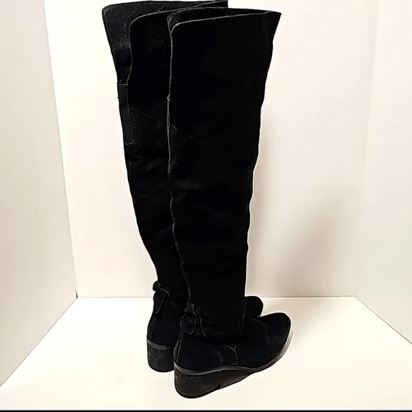 Steve Madden Purly Boots Over Knee Suede Block Stacked Heel Side Zipper Black 7