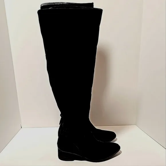 Steve Madden Purly Boots Over Knee Suede Block Stacked Heel Side Zipper Black 7