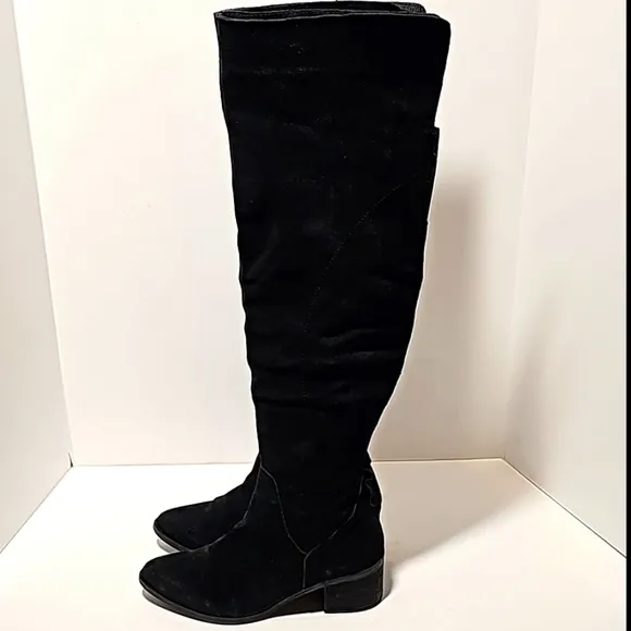 Steve Madden Purly Boots Over Knee Suede Block Stacked Heel Side Zipper Black 7