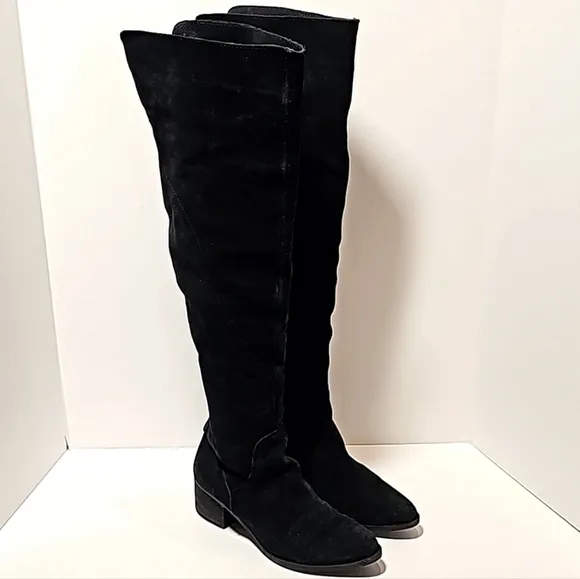 Steve Madden Purly Boots Over Knee Suede Block Stacked Heel Side Zipper Black 7