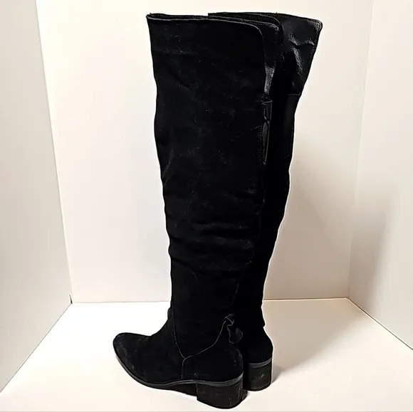 Steve Madden Purly Boots Over Knee Suede Block Stacked Heel Side Zipper Black 7