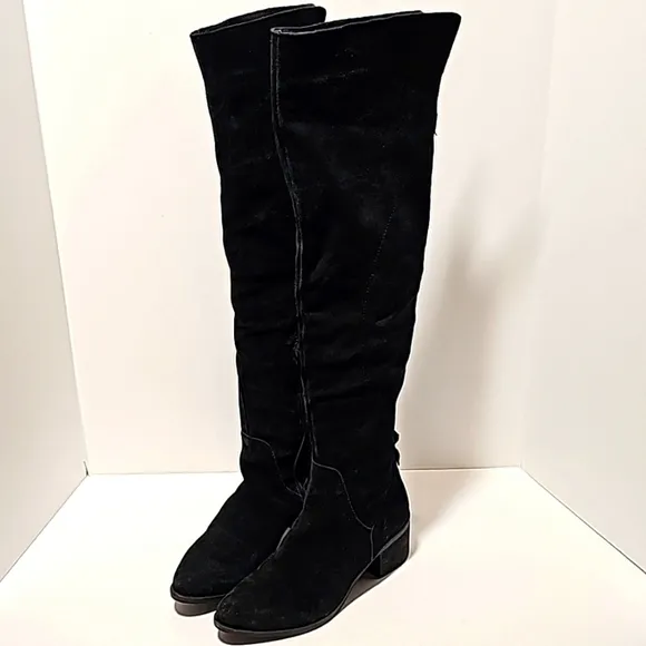 Steve Madden Purly Boots Over Knee Suede Block Stacked Heel Side Zipper Black 7