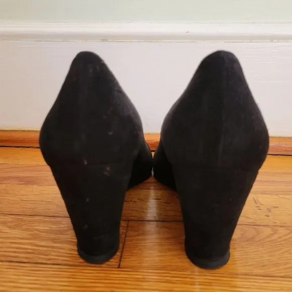 Stuart Weitzman 8M Suede Black Velvet Leather Wedge Heels Formal Glam Shoes