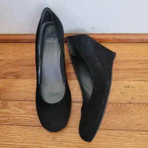 Stuart Weitzman 8M Suede Black Velvet Leather Wedge Heels Formal Glam Shoes