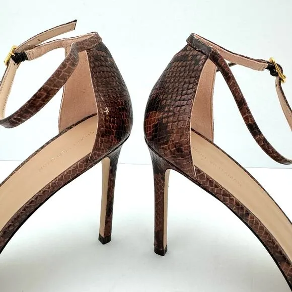 Stuart Weitzman Amelia Brown Snake Print Embossed Leather Sandals Women's 11