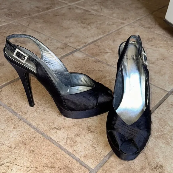 Stuart Weitzman Black Satin Slingback Heels Peep Toe Rhinestone Buckle SZ 7.5M