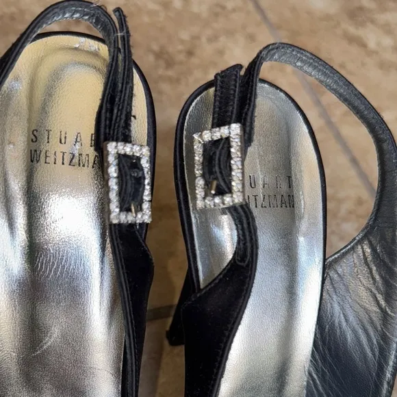 Stuart Weitzman Black Satin Slingback Heels Peep Toe Rhinestone Buckle SZ 7.5M