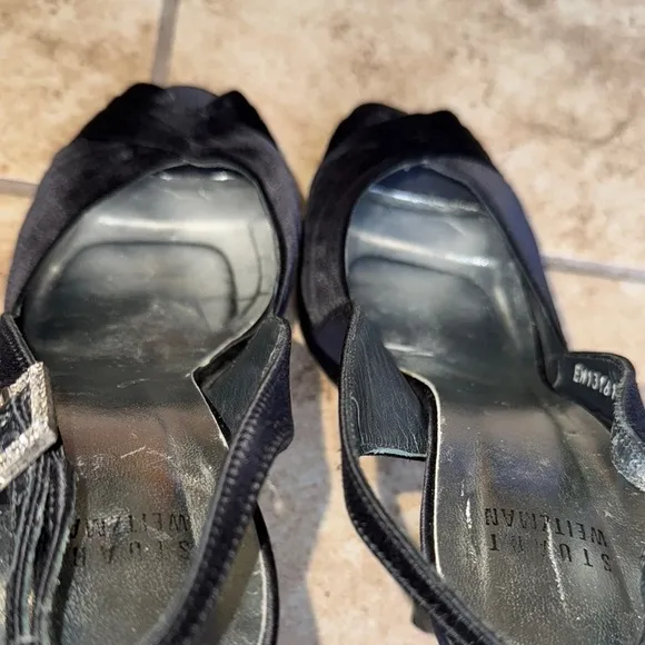 Stuart Weitzman Black Satin Slingback Heels Peep Toe Rhinestone Buckle SZ 7.5M