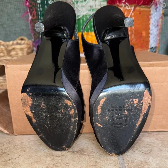 Stuart Weitzman Black Satin Slingback Heels Peep Toe Rhinestone Buckle SZ 7.5M