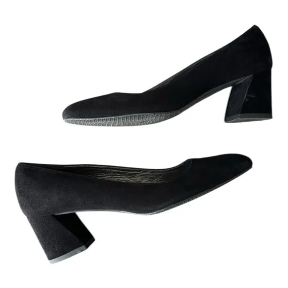 STUART WEITZMAN Mary Mid Black Suede Pumps Block Heel Office Siren Career 6.5