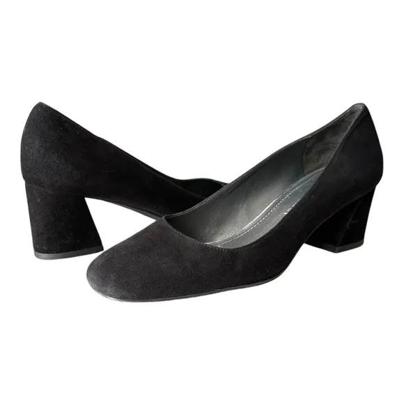 STUART WEITZMAN Mary Mid Black Suede Pumps Block Heel Office Siren Career 6.5