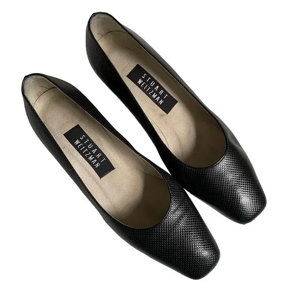 Stuart Weitzman Pumps Black Leather Textured Block Heel Career Shoes Size 6